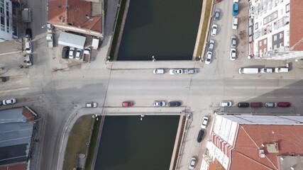 aerial view of the inner city road on the river. the streets are empty because of the quarantine.