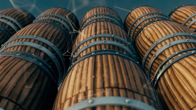 Stacked Wooden Oak Whiskey Wine or Beer Barrels sitting in Rows 4k. High quality 4k footage