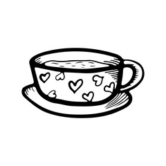 Cup and saucer icon. Black outline linear sketch drawing. Side view. Vector flat graphic hand drawn illustration. The isolated object on a white background. Isolate.