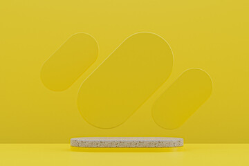 Marble podium shelf or empty Product Stand minimal style on yellow background for cosmetic product presentation.