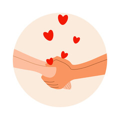 Couple holding hands. Heart in Man and Woman Hands over pink Background. Love and Relationships Concept.Greetings card,Vector illustration.