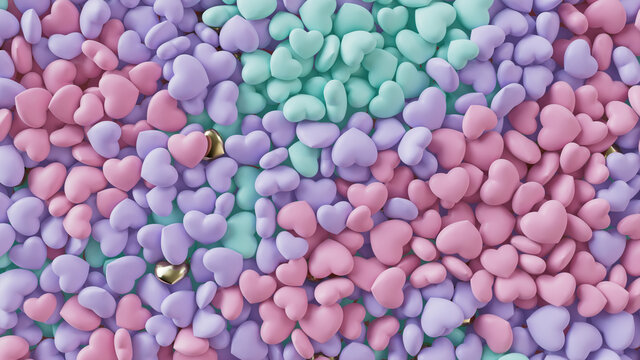 Multicolored Heart background. Valentine Wallpaper with Pink, Violet and Turquoise love hearts. 3D Render 