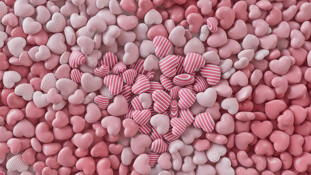 Multicolored Heart background. Valentine Wallpaper with Pink, Polka Dot and Striped love hearts. 3D Render 