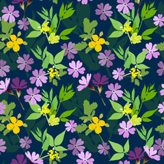 Obraz premium Vector floral seamless pattern. Yellow and purple small flowers with leaves on a dark green background for the design of fabric, knitwear.