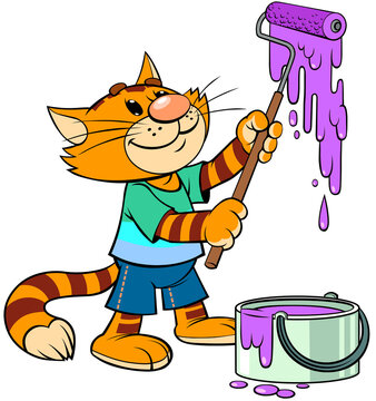 Red cat paints the wall.  
A vector illustration of a cartoon smiling striped red cat 
with telescopic paint roller paints the wall.