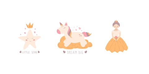 Cute posters with star, unicorn and little princess vector for baby room, greeting card, kids and baby t-shirt. Little princess and cute animal hand drawn for nursery