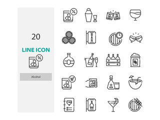 set of alcohol thin line icons, cocktail, pub, bar, drinks,