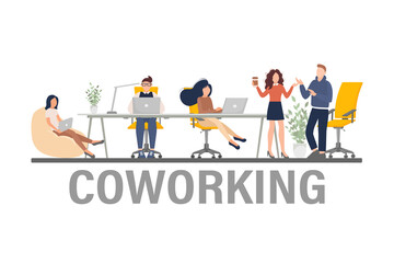 Coworking space illustration. Business people teamwork. Vector flat design. Business people office work. Remote work.