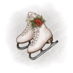 skates with a blade for skating on ice with a sprig of Christmas berries. winter illustration