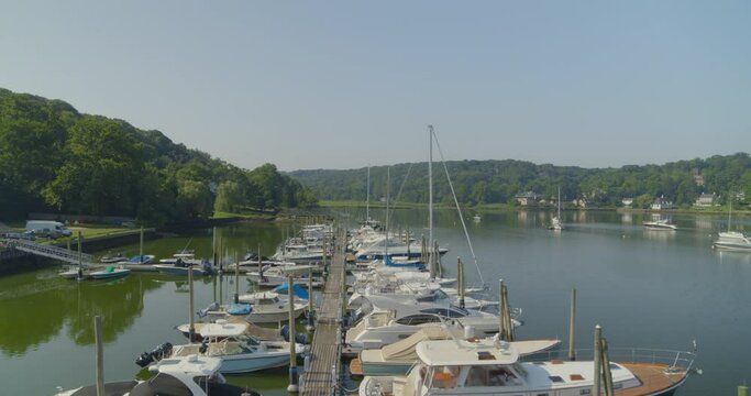 Forward Pan of Boats Docked at a Marina in Cold Spring Harbor Long Island