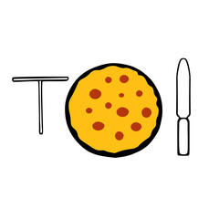 Hand-drawn outline flat vector illustration of a hot yellow pancake on the black pan with a Cooking Tools a Crepe spreader and a spatula set isolated on a white background for breakfast
