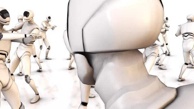 Humanoid robot dance Group of cute robots dancing smart robot dance show Dancing robot performance Robotic dance party 4k. High quality 4k footage