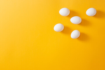 Chicken white eggs on a yellow background.