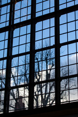 Look out to blue sky from a window part in with leaded windows in silhouette.
