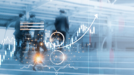 Business people step up and analyzing sales data and economic growth graph chart. Panoramic banner of success business with copy space