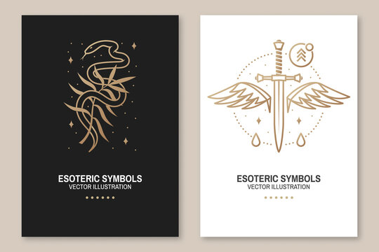 Esoteric symbols, poster, flyer. Vector. Thin line geometric badge. Outline icon for alchemy or sacred geometry. Mystic and magic design with snake, wildflower, dagger and wings