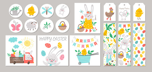 Cute set of Spring sale cards with Bunny, colored eggs, flowers, birds. Vector square, round, horizontal, vertical print templates. Easter holiday designs for tags, postcards, sale, scrapbooking.  .