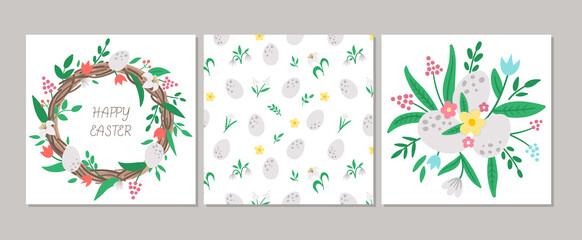 Cute set of square Easter cards with eggs, first flowers, leaves. Vector spring print design templates. Religious holiday seasonal banner or poster templates.  .