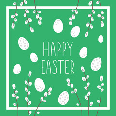 Easter square greeting card template with cute eggs and willow branches. Spring holiday poster or invitation for kids. Green frame or border illustration with traditional symbols..