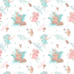 Fabulous fairies seamless repeating tile pattern on white background. Flowers and leaves vintage illustration