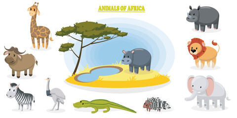 Africa animals set:giraffe,buffalo, ostrich, porcupine, zebra, elephant, lion, crocodile, hippo, rhino, ostrich. Vector illustration for the development of children. 
