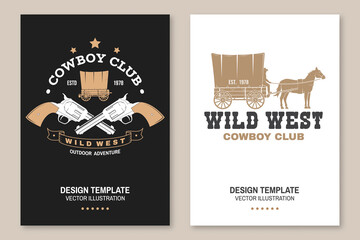 Cowboy club poster, flyer. Wild west. Vector. Concept for shirt, logo, print, stamp, tee with cowboy and covered wagon. Vintage typography design with western wagon silhouette. - obrazy, fototapety, plakaty