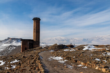 Ani site of historical cities (Ani Harabeleri): first entry into Anatolia, an important trade route Silk Road in the Middle Agesand. Historical Church and temple at sunset in Ani, Kars, Turkey.