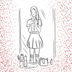 A beautiful girl with long hair, a schoolgirl, makes a selfie in front of the mirror. Photo in front of a mirror, linear black and white drawing