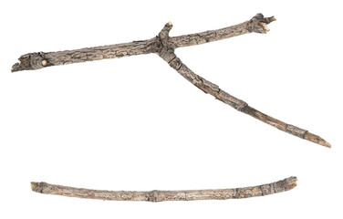 Dry tree twigs branches isolated on white background. pieces of broken wood plank on white background. close-up