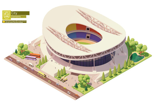 Vector isometric stadium building. Modern sports venue exterior. Soccer or football arena, people and transport on the street