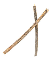 Dry tree twigs branches isolated on white background. pieces of broken wood plank on white background. close-up