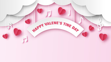 Happy Valentine's Day sign hanging decorated with hearts and music notes. Happy Valentine's day greeting card. paper cut and craft style. vector, illustration.