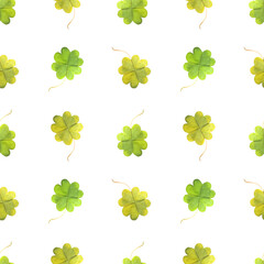 Watercolor seamless pattern with four leaf clover on a white background. Spring clover pattern is suitable for st patrick's day cards.
