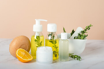 Fototapeta na wymiar Homemade skin care and body scrub with natural ingredients lemon slice
