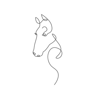 Horse One Line Drawing. Head of Horse Continuous Single Line Art Drawing. Trendy Style Animal Isolated on White Background. Vector EPS 10.