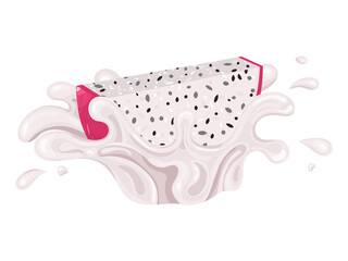 Fresh bright red cut slice pitaya juice splash burst isolated on white background. Summer fruit juice. Cartoon style. Vector illustration for any design.