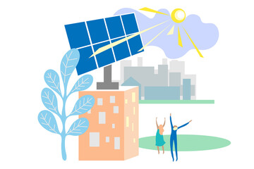 Rooftop solar panel and sun. Alternative energy. Urban city skyscrapers skyline. Ecological environment concept. Simple flat design.
