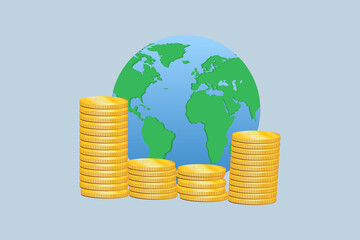 Vector illustration of global money transfer concept of earth globe and gold coins,