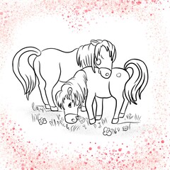 Horses graze in a meadow with flowers, a pair of horses, ponies, fabulous, cartoon characters, drawing, coloring for children