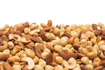 Mix of nuts isolated on white background. Top view.