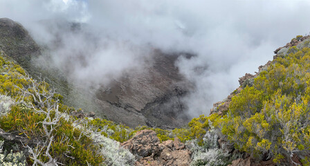 Beautiful cloudy panorama of Reunion island close to the volcano of Piton de la fournaise