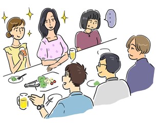 合コンで場違いなため気まずい思いをする女性 © みずたにいぬ