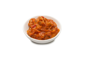 Vegetable stew in a bowl isolated on white background.