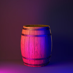 Wooden barrel on dark background with colour lighting. 3d