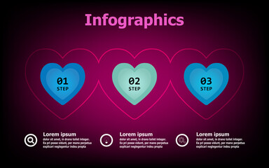 Timeline infographic heart design vector 3 element and number options. Presentation business infographic template with three options.