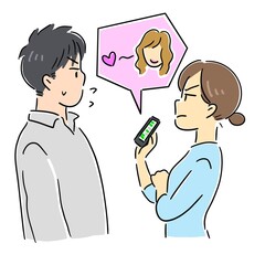 浮気がバレて焦る男性と怒る女性