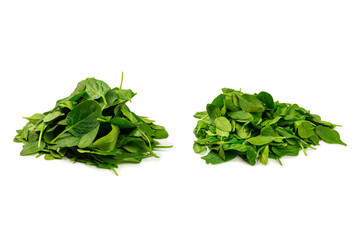 Fresh spinach leaves as background.