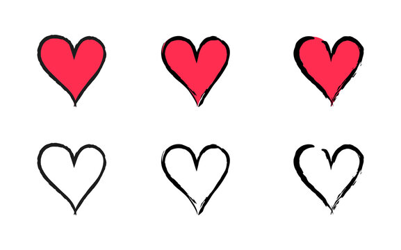 Collection of Hand Drawn Sketch Style Love Heart Illustrations. Brush Stroke Outline Hearts for Valentine's Day Designs