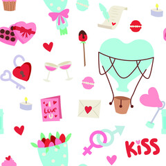 valentines day pattern. Seamless Valentine's day pattern with doodle elements.Vector. Kiss. I love you
