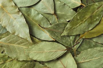 Aromatic dried bay leaves texture background